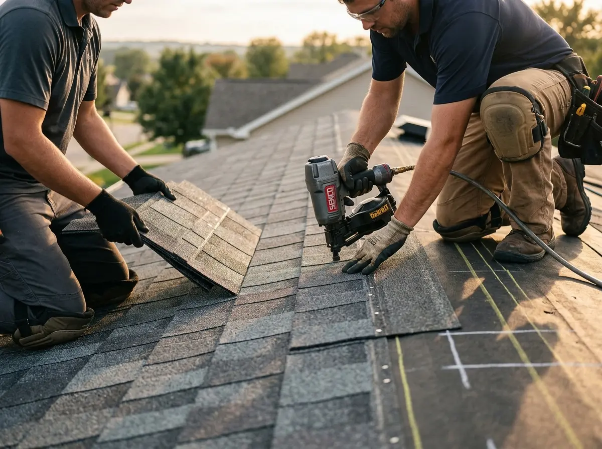 Professional roofer working on a residential roof in Oak Creek